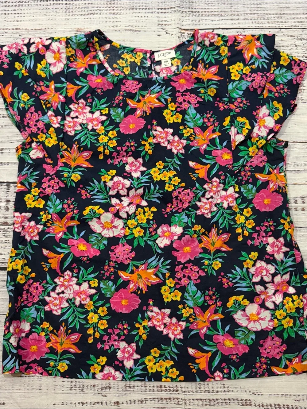 J. Crew Floral Short Sleeve Top - Navy with Pink & Yellow Blooms extra small